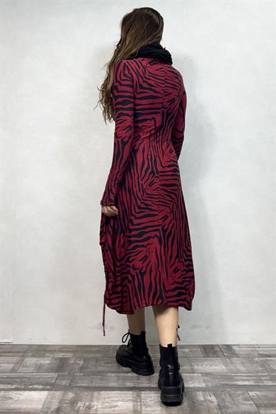 Layla Kayık Yaka Bohem Kışlık Elbise - Bordo Zebra