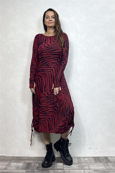 Layla Kayık Yaka Bohem Kışlık Elbise - Bordo Zebra