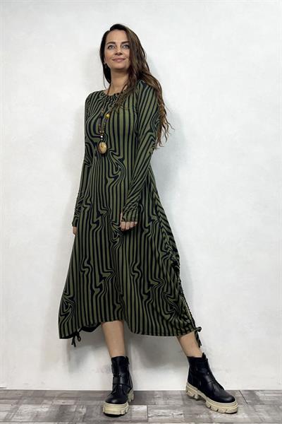 Layla Kayık Yaka Bohem Kışlık Elbise - Haki Zebra