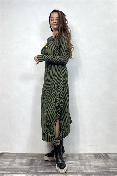 Layla Kayık Yaka Bohem Kışlık Elbise - Haki Zebra