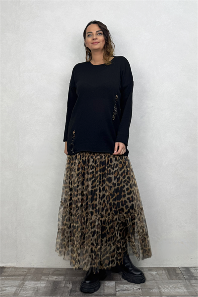 Leopar Yama Detaylı Triko Bluz- Siyah