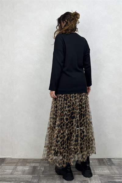 Leopar Yama Detaylı Triko Bluz- Siyah