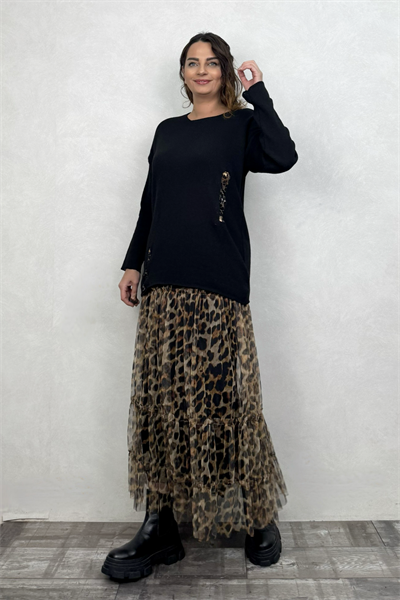 Leopar Yama Detaylı Triko Bluz- Siyah