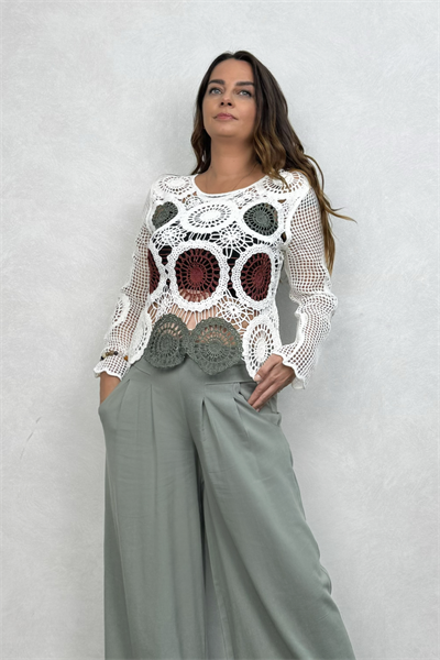 Mandala Desen Dantel Bluz - Beyaz