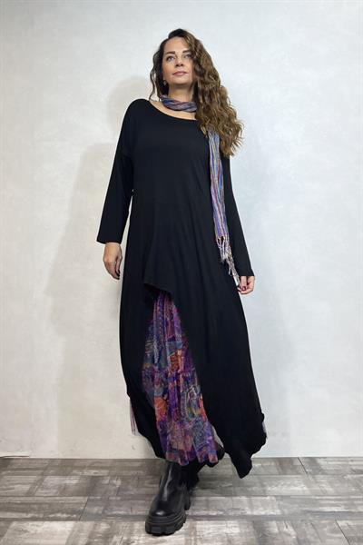 Maxi Viskon Tunik ve Tül Etek Kombin - Siyah Mor Tribal