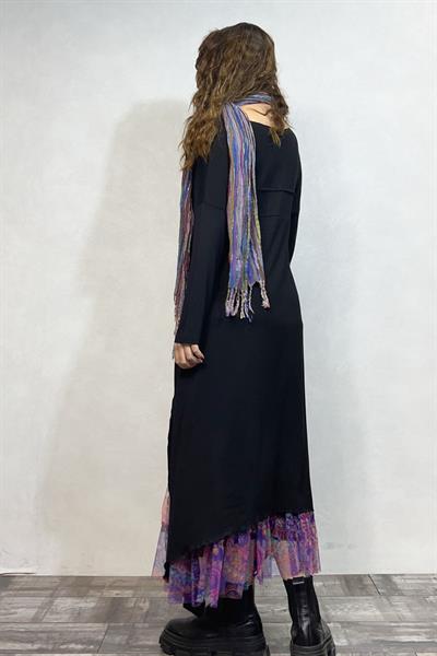 Maxi Viskon Tunik ve Tül Etek Kombin - Siyah Mor Tribal