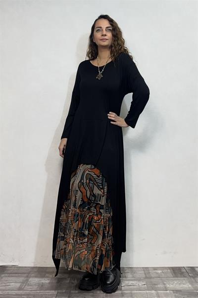 Maxi Viskon Tunik ve Tül Etek Kombin - Siyah Sahra