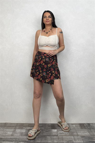 Mayra Mini Şortlu Etek - Siyah Çiçekli