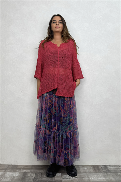 Merserize Bluz ve Tül Etek Kombin -Nar Çiçeği Mor Tribal