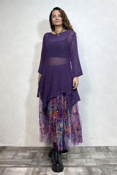 Merserize Tunik ve  Tül Etek Kombin - Mor Tribal