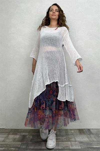 Merserize Tunik ve Tül Etek Kombin - Beyaz Tribal