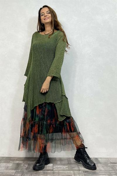 Merserize Tunik ve Tül Etek Kombin - Haki Kırmızı Yeşil