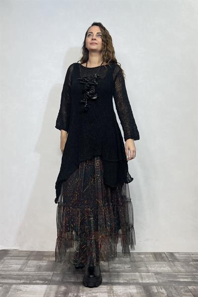 Merserize Tunik ve Tül Etek Kombin - Siyah Tual