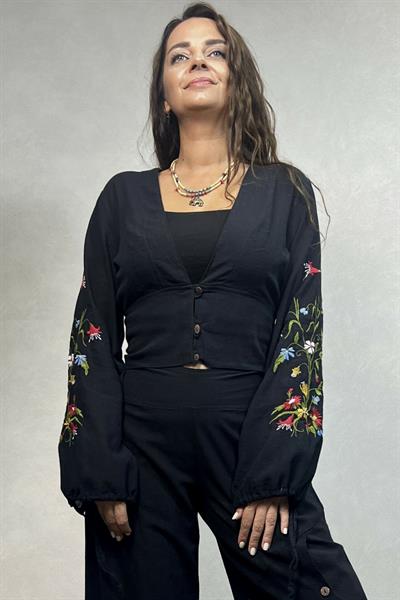 Moly Nakışlı Crop Gömlek- Siyah