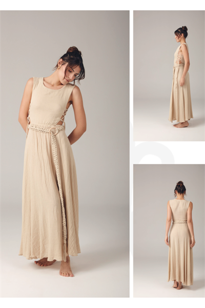 Blanca Olivia Nature Müslin Elbise -Bej