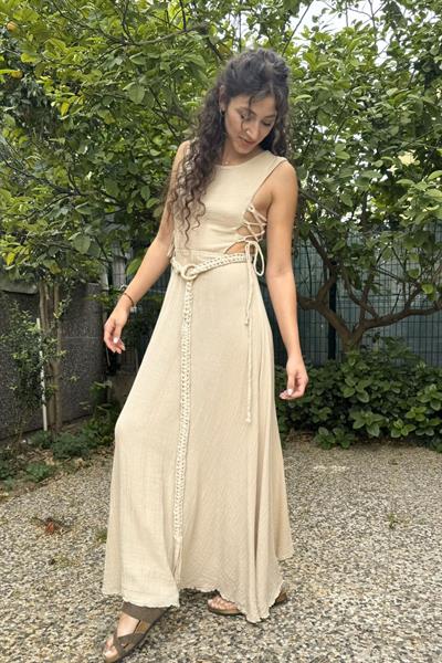Blanca Olivia Nature Müslin Elbise -Bej