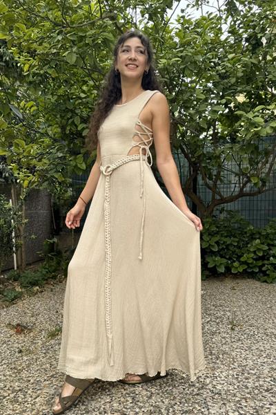 Blanca Olivia Nature Müslin Elbise -Bej