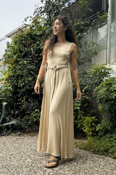 Blanca Olivia Nature Müslin Elbise -Bej