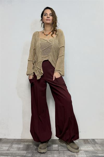 Paça Detaylı Düğmeli Pantolon - Kahve
