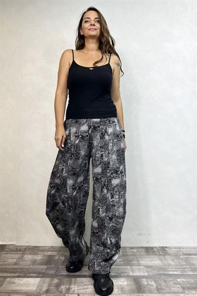 Paça Detaylı Geniş Paça Desenli Pantolon - Siyah Gri