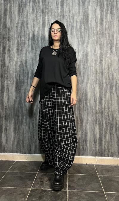 Paça Detaylı Geniş Paça Ekose Pantolon - Siyah Beyaz