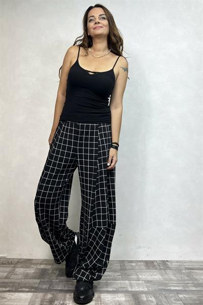 Paça Detaylı Geniş Paça Ekose Pantolon - Siyah Beyaz