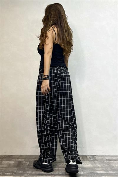 Paça Detaylı Geniş Paça Ekose Pantolon - Siyah Beyaz