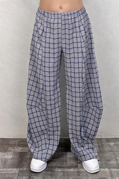 Paça Detaylı Gofre Pantolon - Gri Ekose