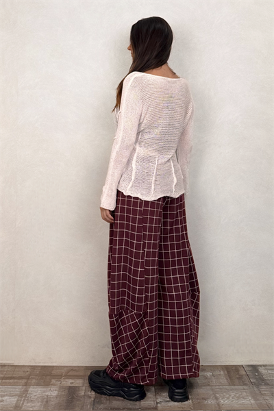 Paça Detaylı Triko Pantolon - Bordo Ekose