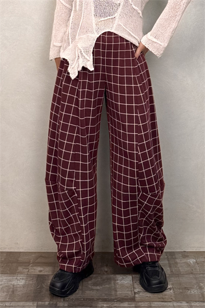 Paça Detaylı Triko Pantolon - Bordo Ekose