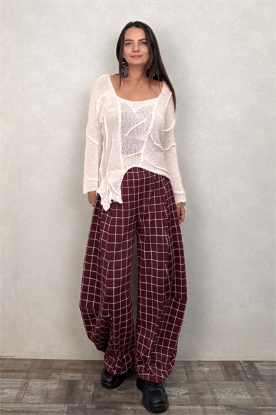 Paça Detaylı Triko Pantolon - Bordo Ekose