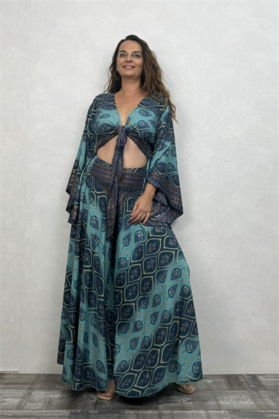 Palermo Kimono Kol İpek Takım - Mavi Kronos