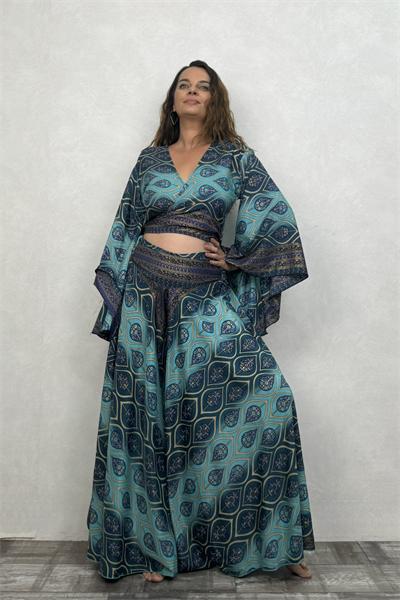 Palermo Kimono Kol İpek Takım - Mavi Kronos