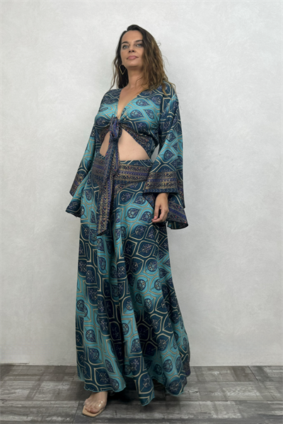 Palermo Kimono Kol İpek Takım - Mavi Kronos