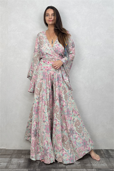 Palermo Kimono Kol İpek Takım - Somon