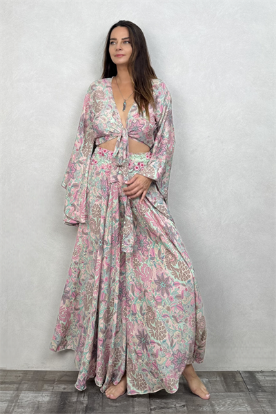 Palermo Kimono Kol İpek Takım - Somon