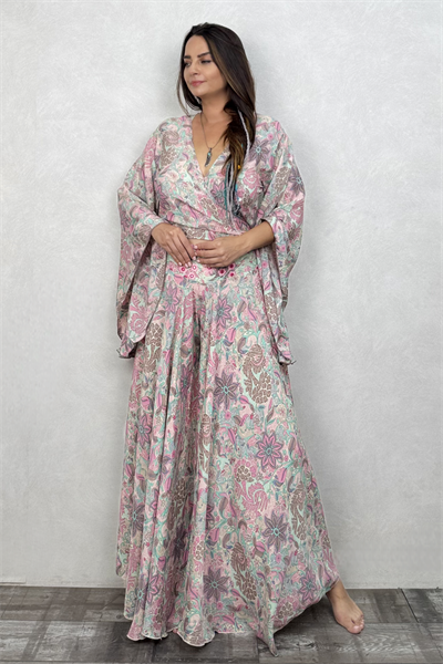 Palermo Kimono Kol İpek Takım - Somon