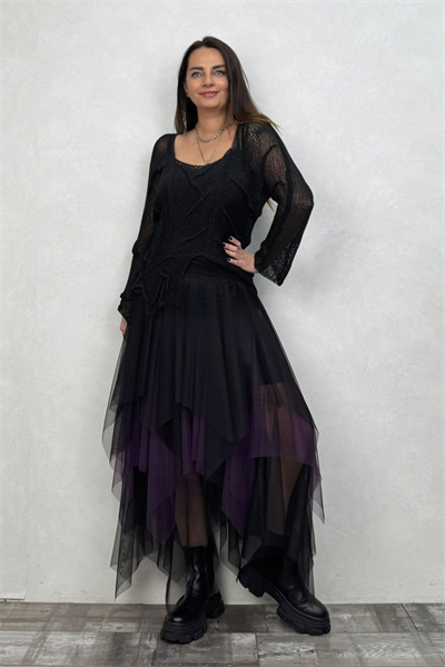 Pera Bluz ve Geçişli Kat Kat Tül Etek Kombin - Mor Siyah