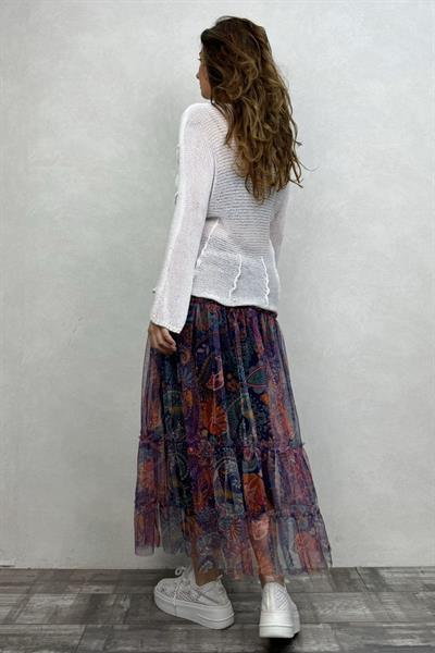 Pera Bluz ve Tül Etek Kombin - Beyaz Mor Tribal