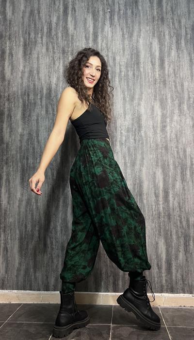 Pile Detaylı Şık  Batik Şalvar Pantolon - Zümrüt Yeşil