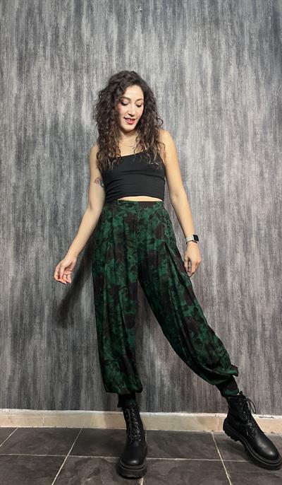 Pile Detaylı Şık  Batik Şalvar Pantolon - Zümrüt Yeşil