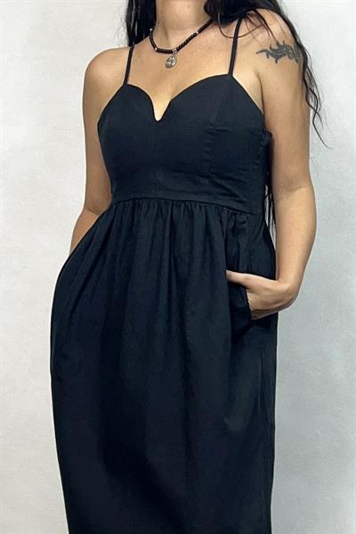 Polka Keten Elbise -  Siyah