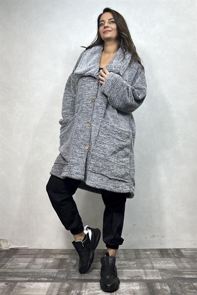 Puffy Peluş Oversize Ceket - Gri