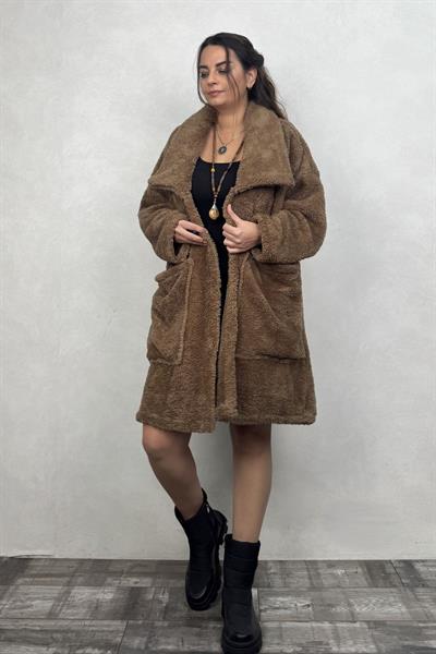 Puffy Peluş Oversize Ceket - Kahverengi