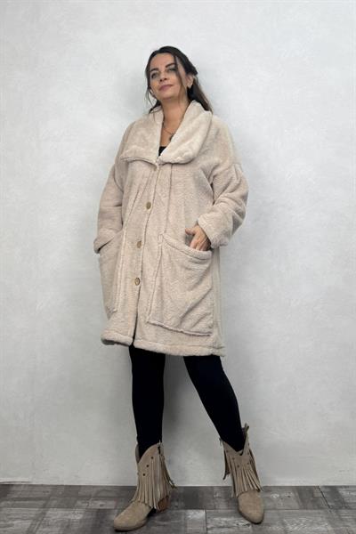 Puffy Peluş Oversize Ceket - Krem