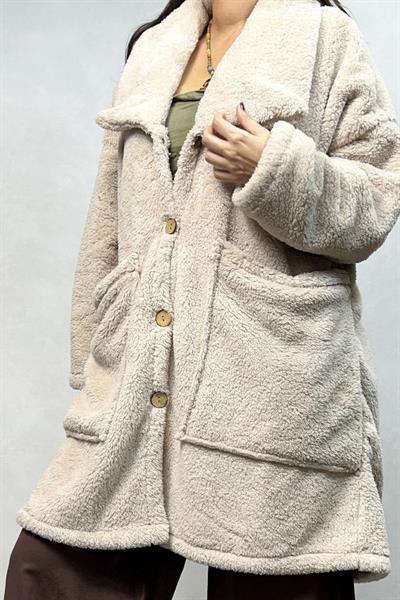 Puffy Peluş Oversize Ceket - Krem