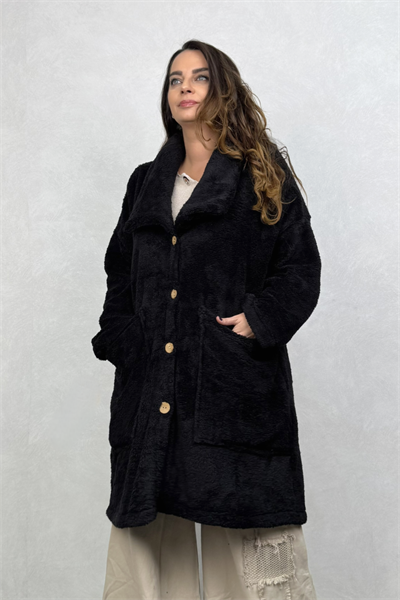 Puffy Peluş Oversize Ceket - Siyah