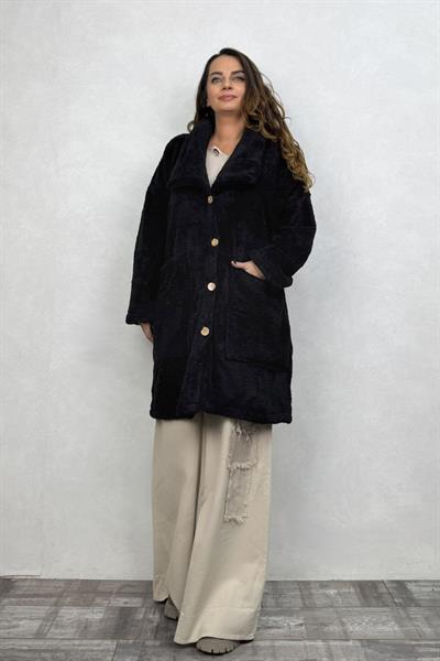 Puffy Peluş Oversize Ceket - Siyah