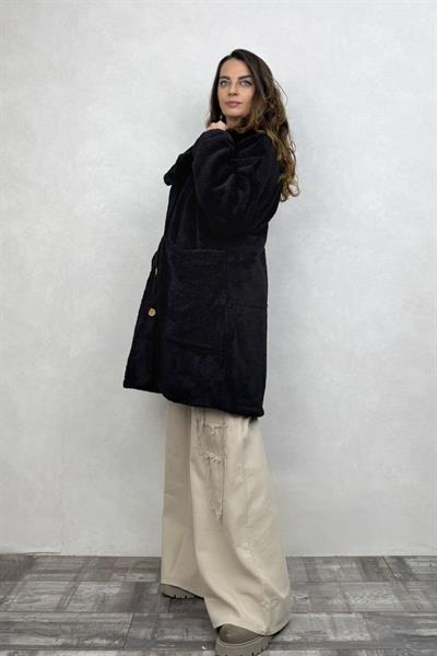 Puffy Peluş Oversize Ceket - Siyah
