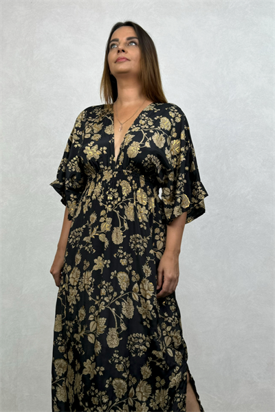 Rachel V Yaka İpek Elbise - Siyah Gold